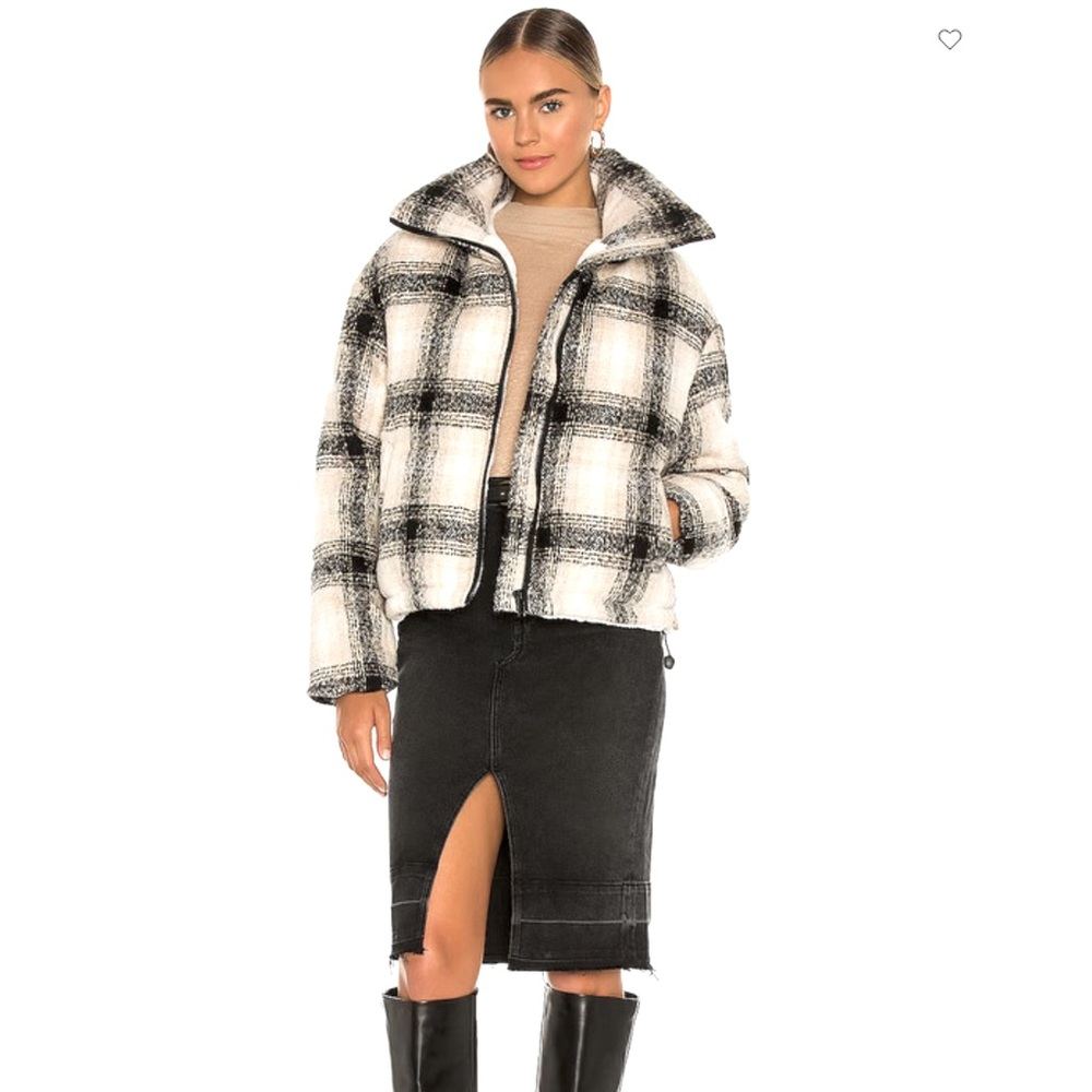 Apparis Marianny Plaid Puffer Coat Jacket Faux Fur Lined Black White Cream